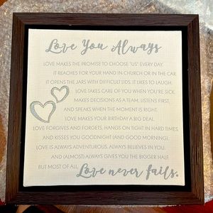 Dayspring Love Never Fails wall plaque.  Brand new in box.